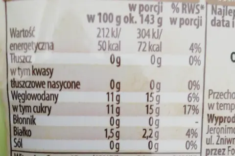 Tabela wartości odżywczych z informacją o kaloriach, tłuszczach, węglowodanach i białku.