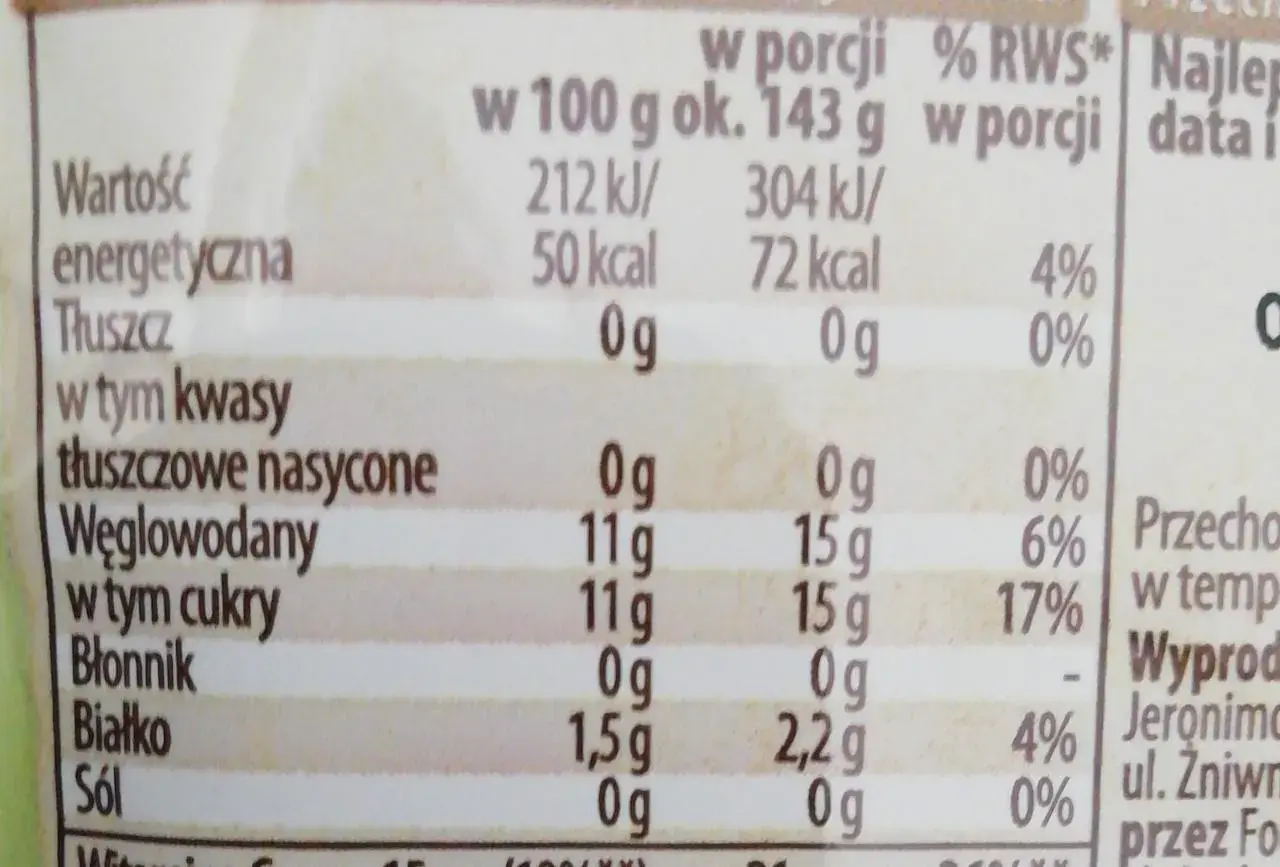 Tabela wartości odżywczych z informacją o kaloriach, tłuszczach, węglowodanach i białku.